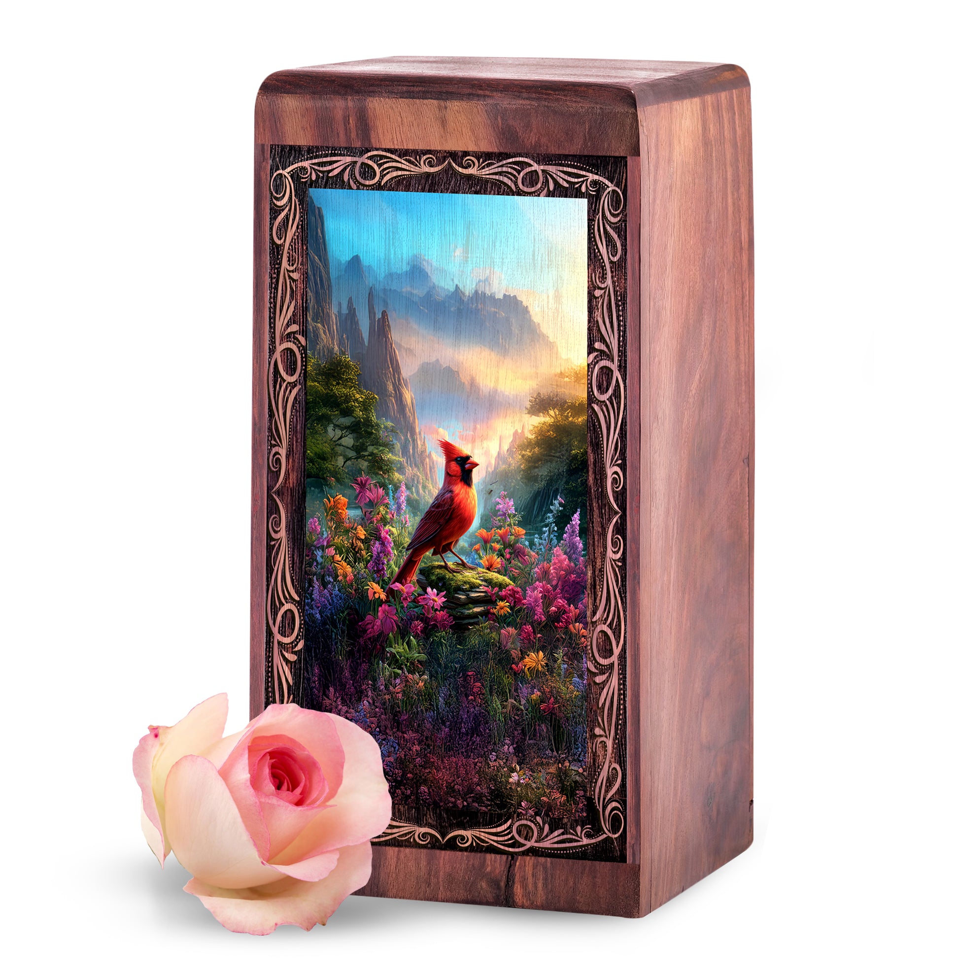 Cardinal Mountain Theme Urn Box – Wood Cremation Urn For Burial