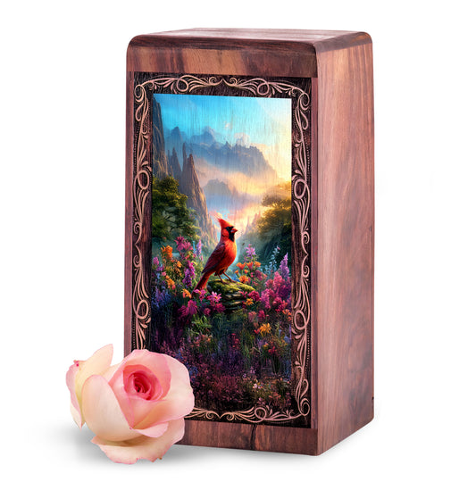 Cardinal Mountain Theme Urn Box – Wood Cremation Urn For Burial