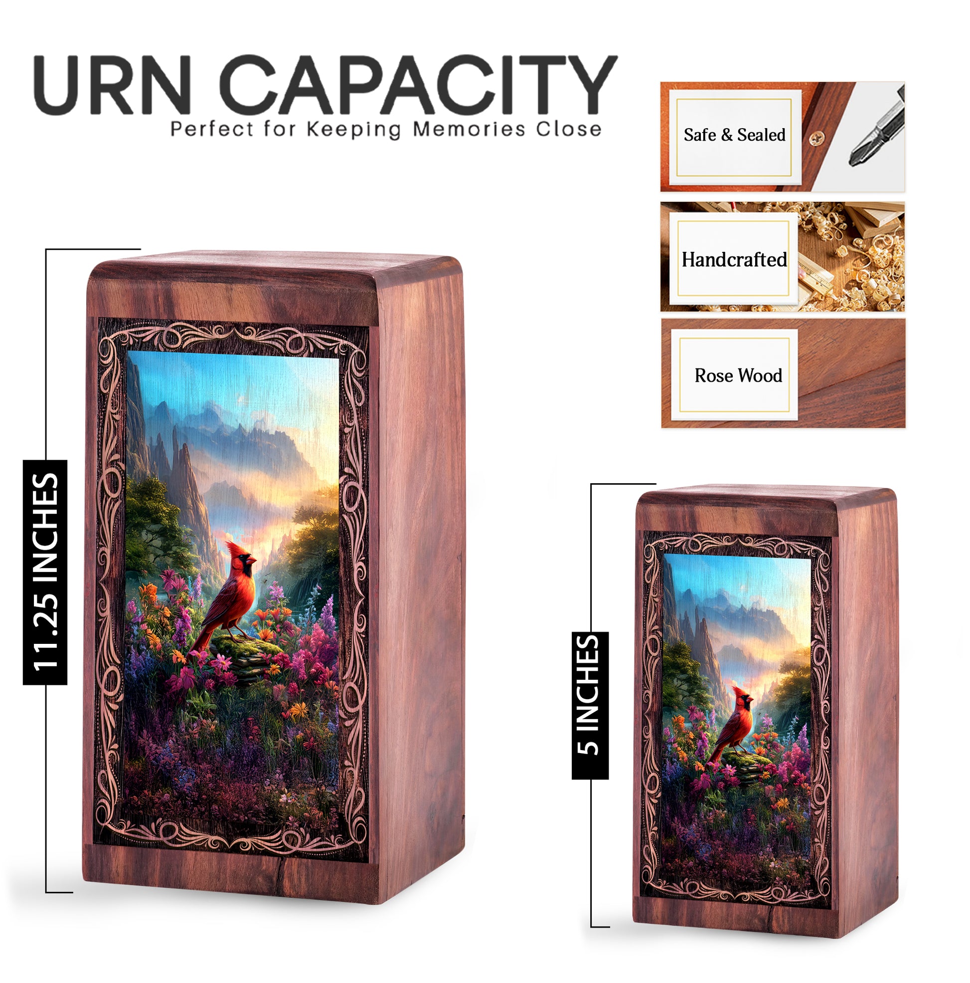 Cardinal Mountain Theme Urn Box – Wood Cremation Urn For Burial