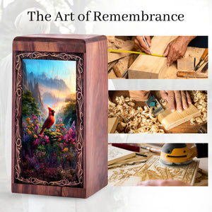 Cardinal Mountain Theme Urn Box – Wood Cremation Urn For Burial