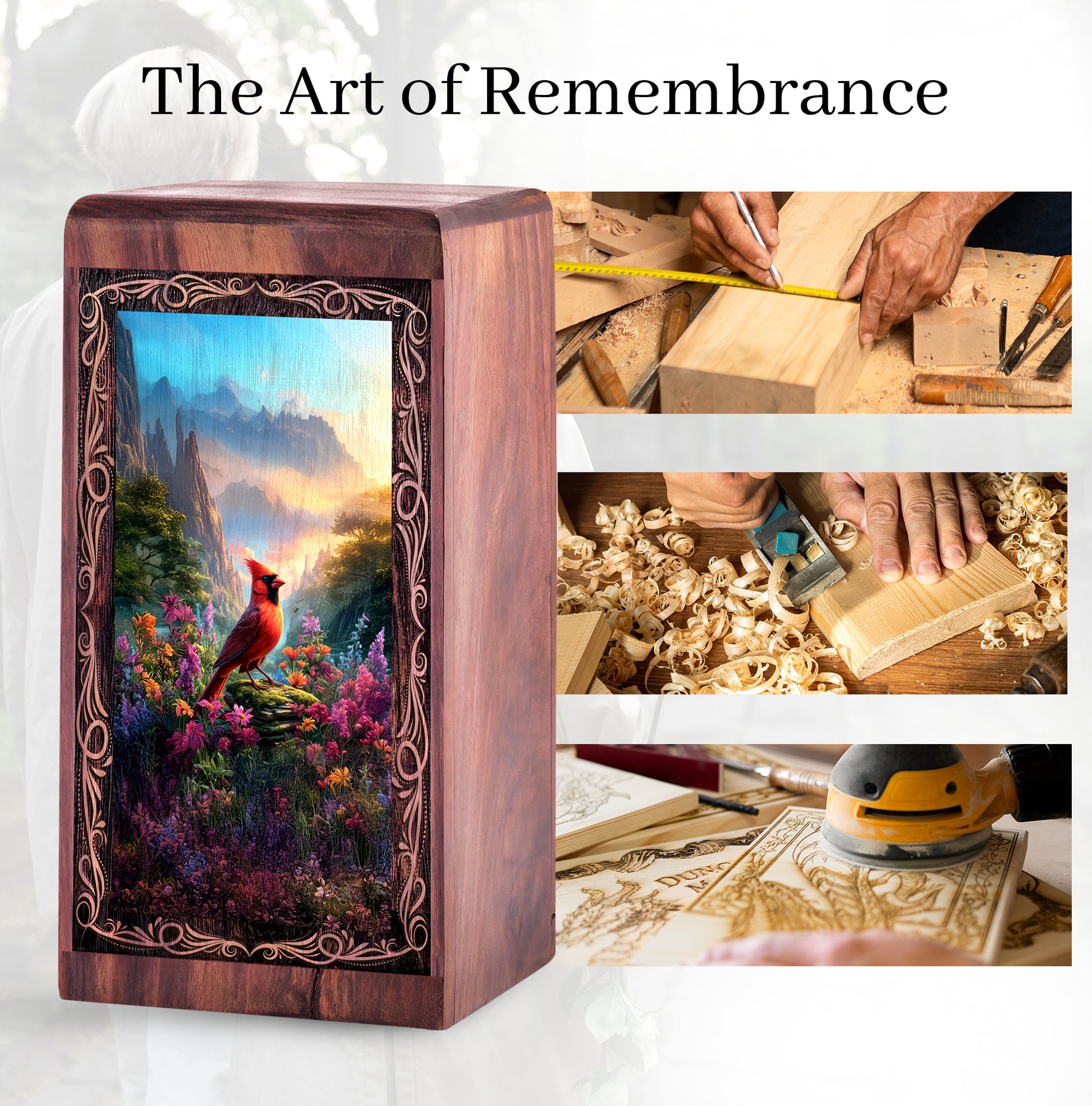 Cardinal Mountain Theme Urn Box – Wood Cremation Urn For Burial
