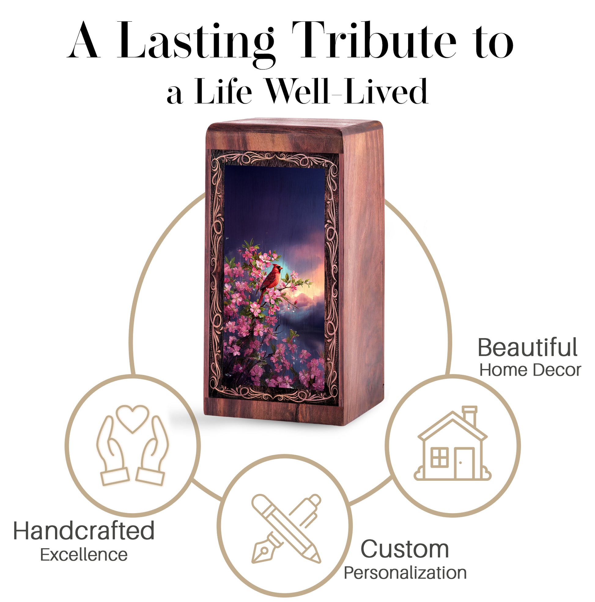 Cherry Blossom Cardinal Memorial Urn - Handmade Memorial Urn For Ashes Adult Male