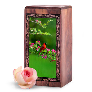 Spring Blossom Cardinal Urn – Handmade Wooden Cremation Urn for Ashes