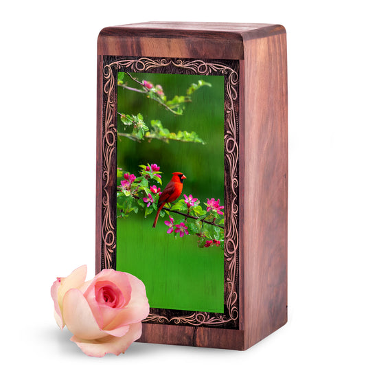 Spring Blossom Cardinal Urn – Handmade Wooden Cremation Urn for Ashes