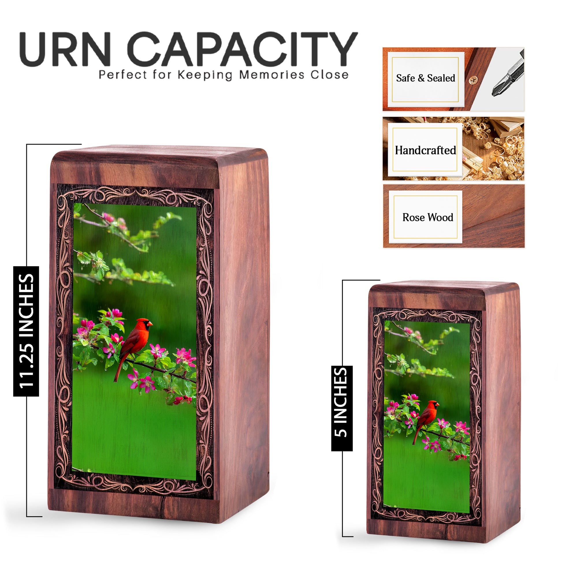 Spring Blossom Cardinal Urn – Handmade Wooden Cremation Urn for Ashes
