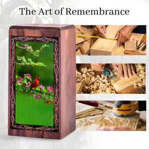 Spring Blossom Cardinal Urn – Handmade Wooden Cremation Urn for Ashes