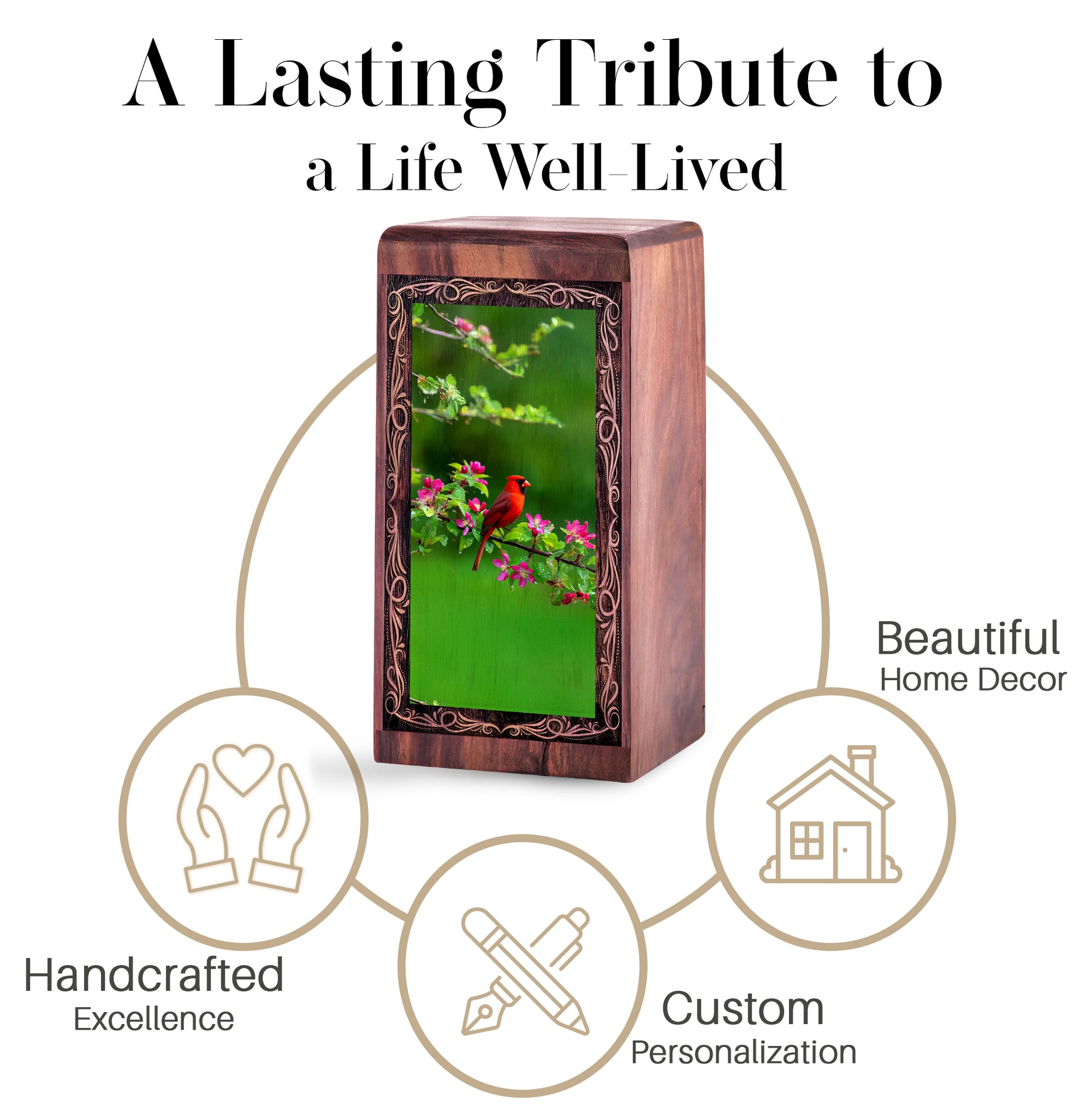 Spring Blossom Cardinal Urn – Handmade Wooden Cremation Urn for Ashes