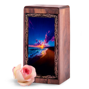 Evening Beach Sunset Cremation Urn – Handmade Wood Urn For Ashes Adult Male