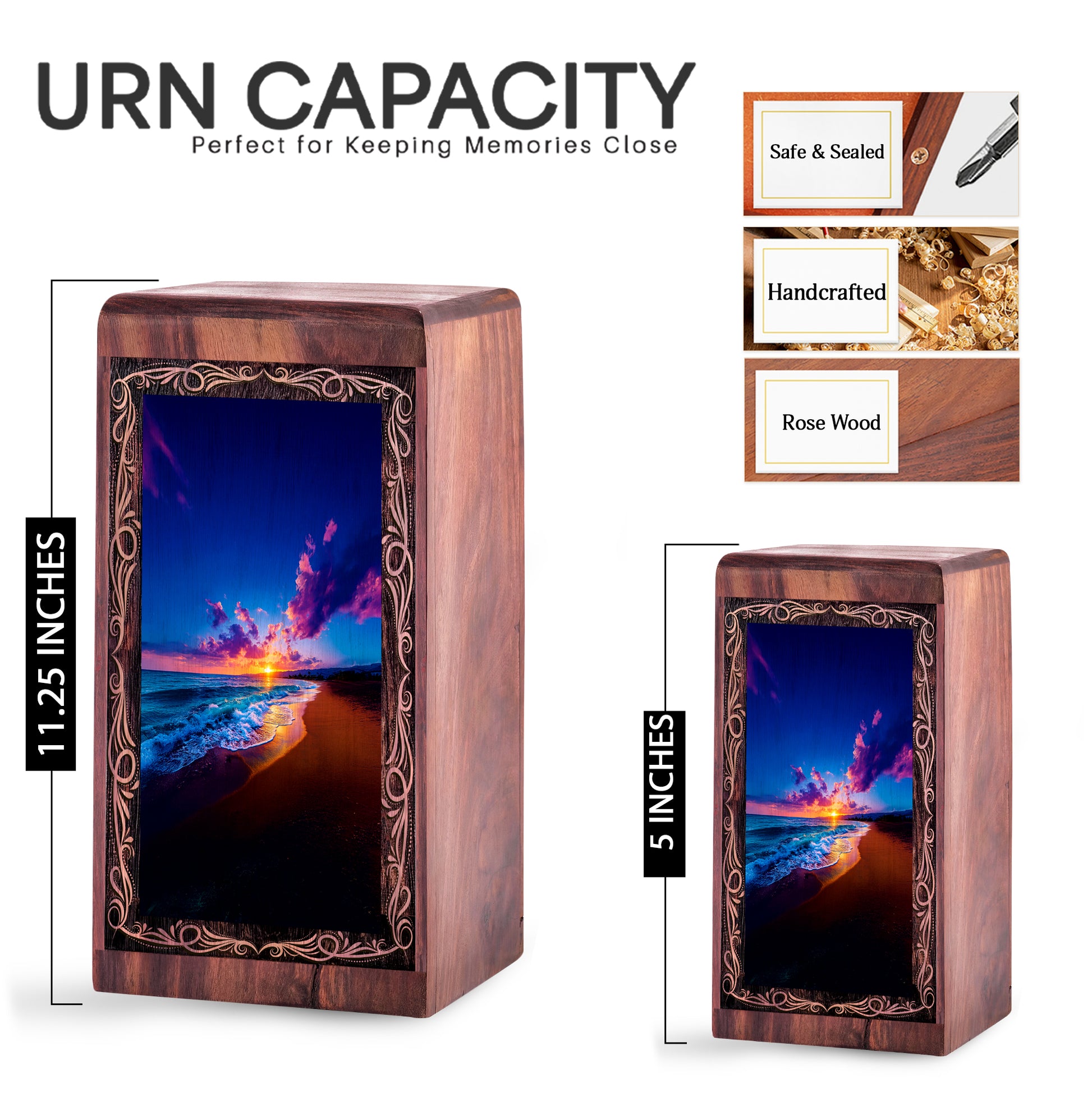 Evening Beach Sunset Cremation Urn – Handmade Wood Urn For Ashes Adult Male