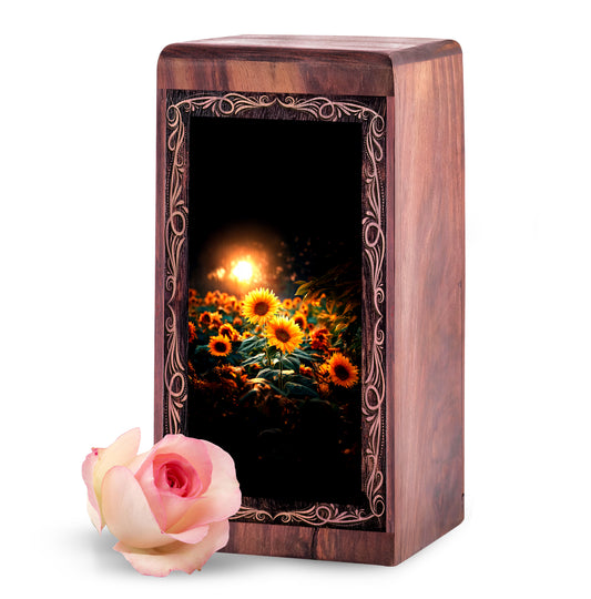 Sunflower Memorial Urn For Ashes – Wooden Keepshake Urn For Human Ashes