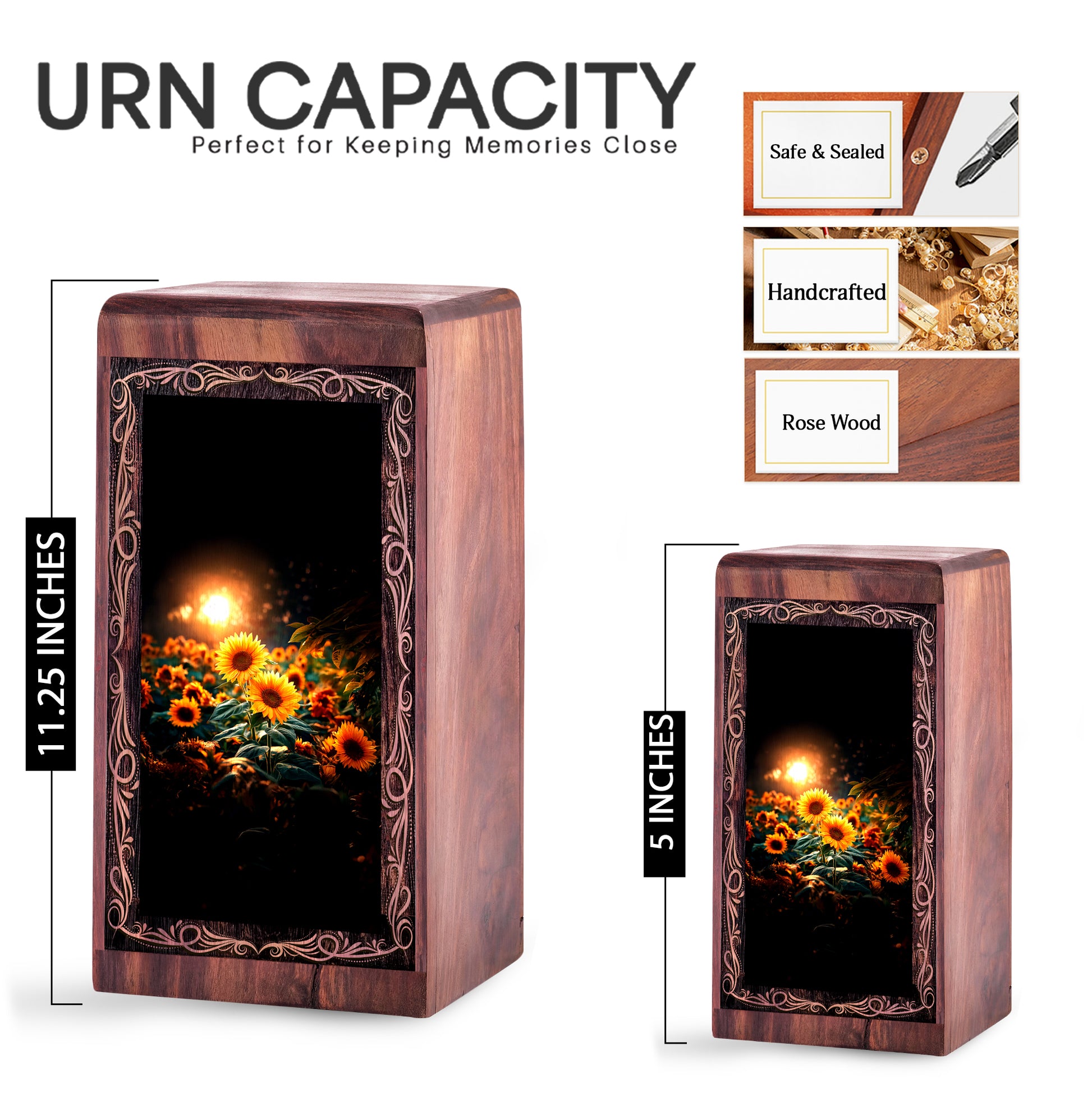 Sunflower Memorial Urn For Ashes – Wooden Keepshake Urn For Human Ashes