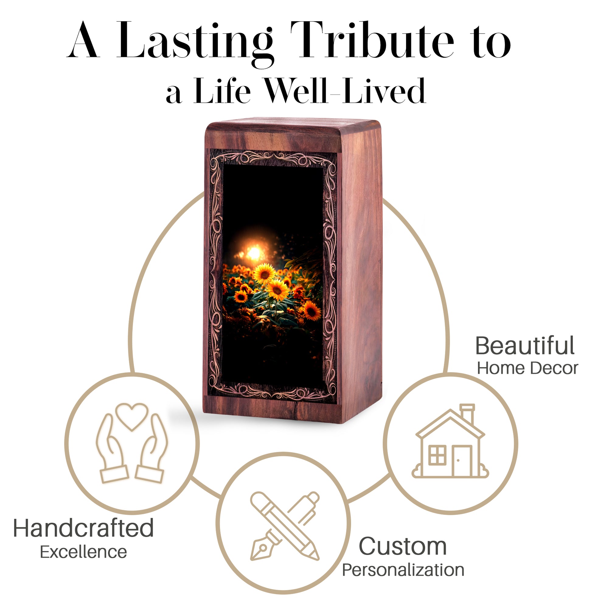 Sunflower Memorial Urn For Ashes – Wooden Keepshake Urn For Human Ashes