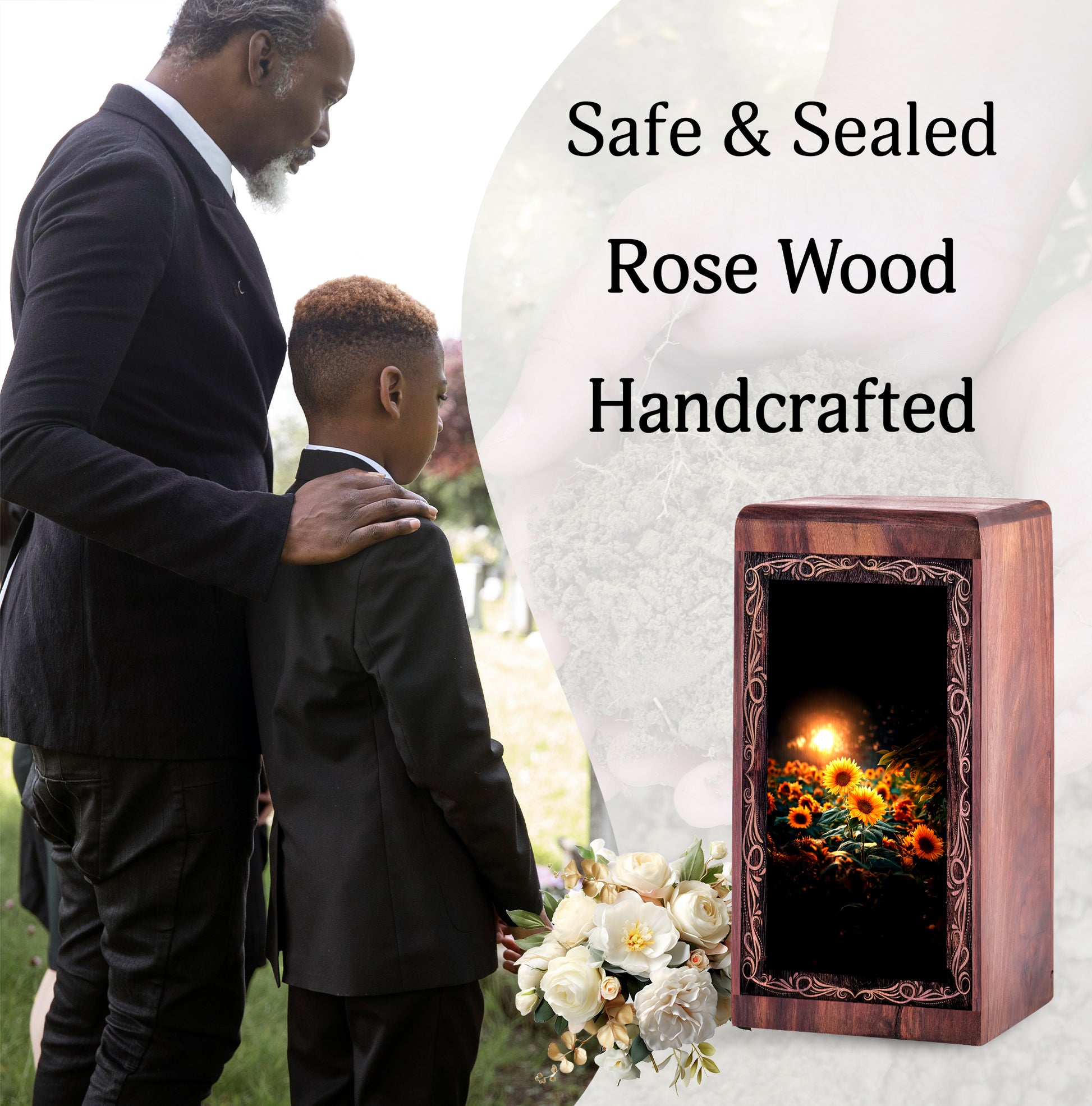 Sunflower Memorial Urn For Ashes – Wooden Keepshake Urn For Human Ashes