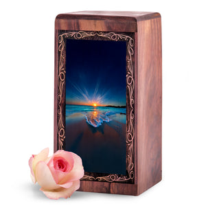 Ocean Memorial Funeral Urn - Golden Sunset Theme Handmade Wooden Urn For Burial