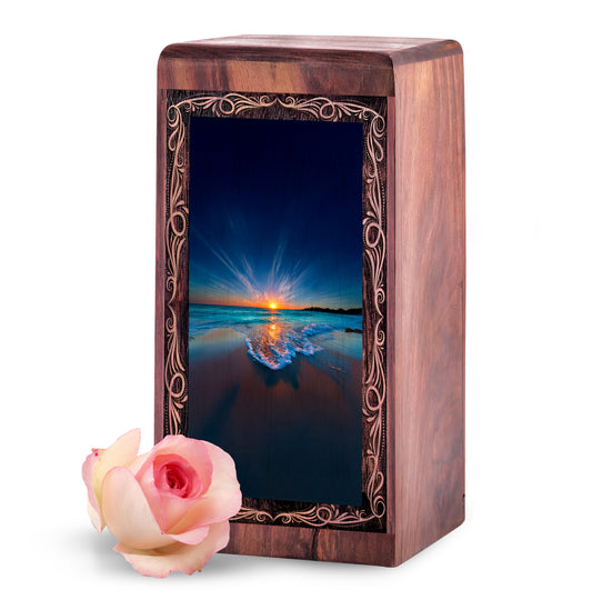 Ocean Memorial Funeral Urn - Golden Sunset Theme Handmade Wooden Urn For Burial