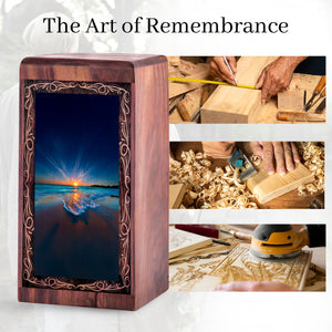 Ocean Memorial Funeral Urn - Golden Sunset Theme Handmade Wooden Urn For Burial