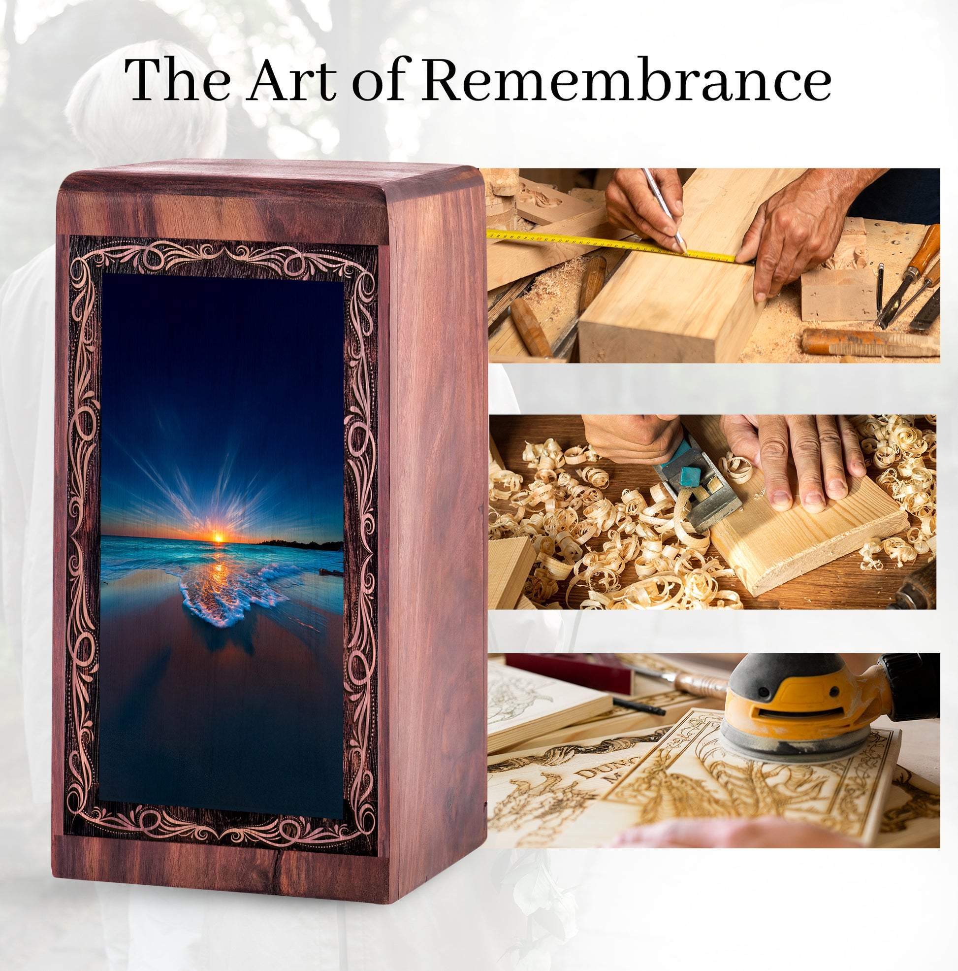 Ocean Memorial Funeral Urn - Golden Sunset Theme Handmade Wooden Urn For Burial