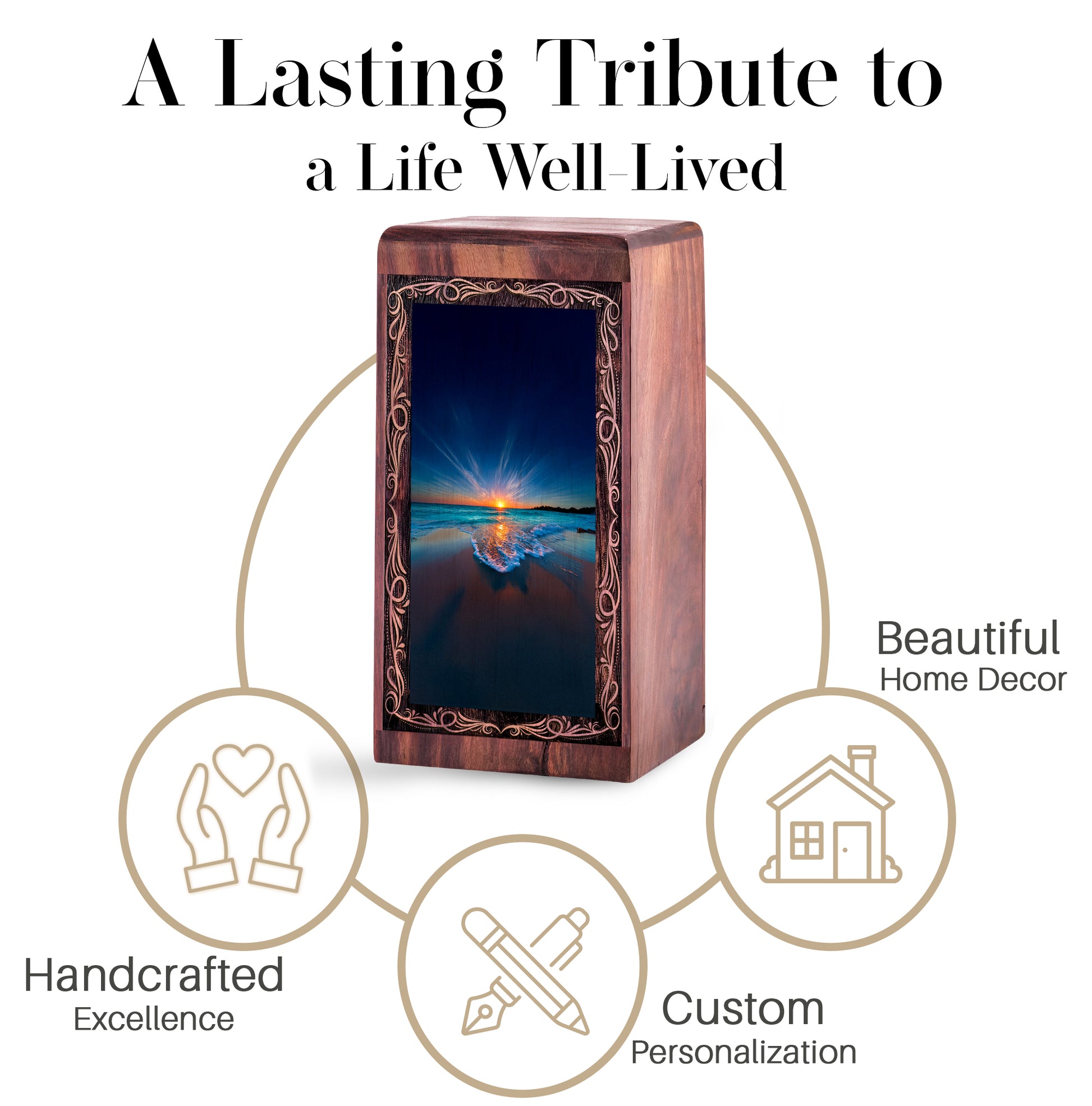Ocean Memorial Funeral Urn - Golden Sunset Theme Handmade Wooden Urn For Burial