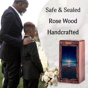 Ocean Memorial Funeral Urn - Golden Sunset Theme Handmade Wooden Urn For Burial