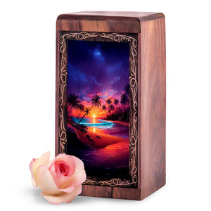 Beachside Wooden Keepshake For Ashes - Tropical Sunset Theme Urn For Adult Female