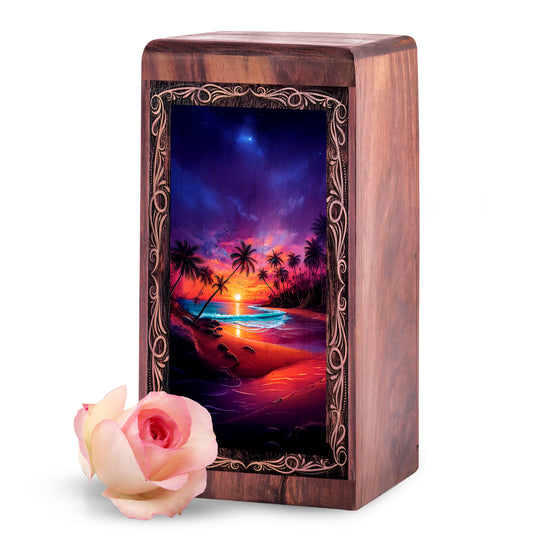 Beachside Wooden Keepshake For Ashes - Tropical Sunset Theme Urn For Adult Female