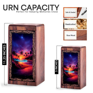 Beachside Wooden Keepshake For Ashes - Tropical Sunset Theme Urn For Adult Female