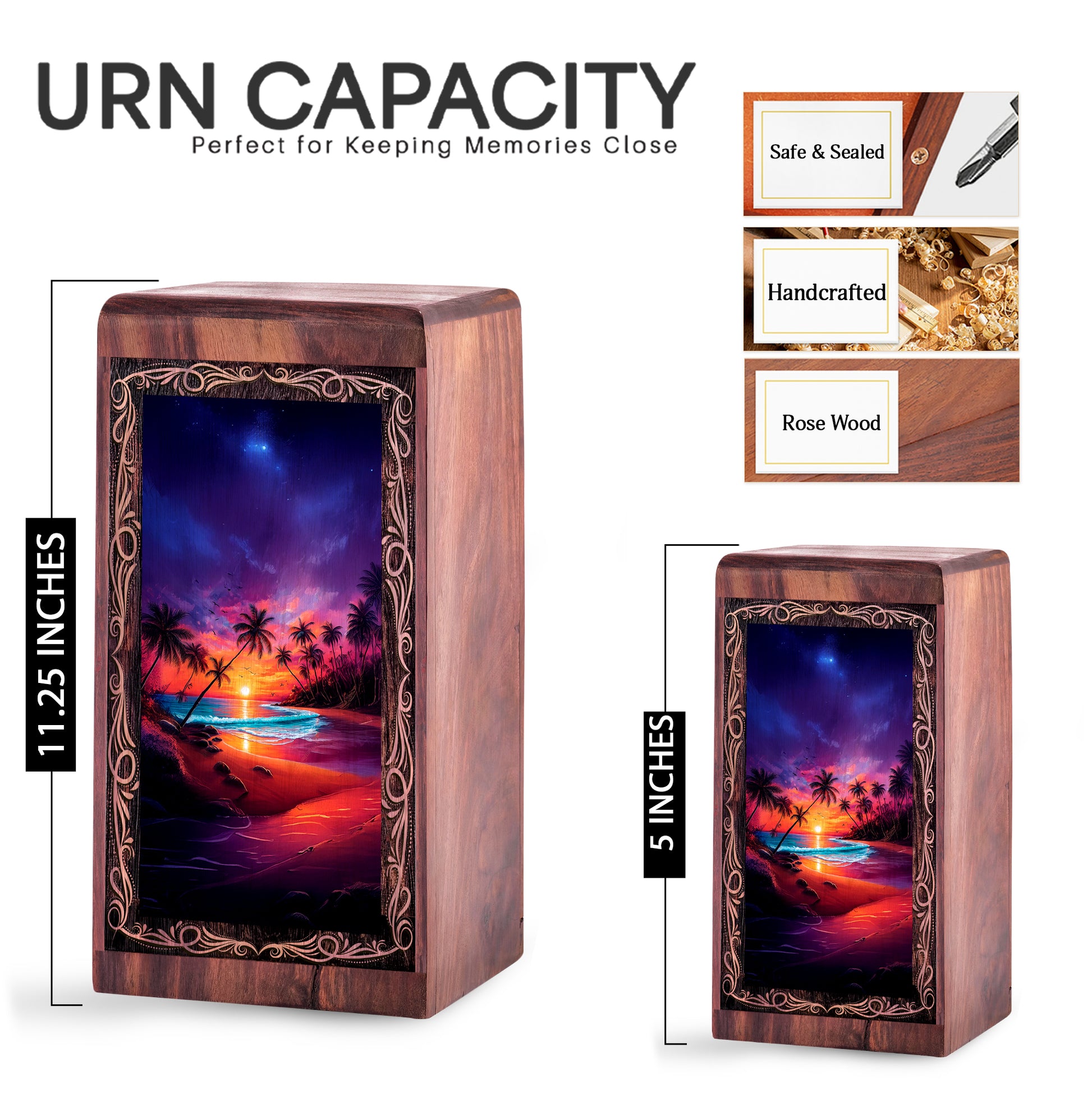 Beachside Wooden Keepshake For Ashes - Tropical Sunset Theme Urn For Adult Female