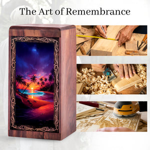 Beachside Wooden Keepshake For Ashes - Tropical Sunset Theme Urn For Adult Female