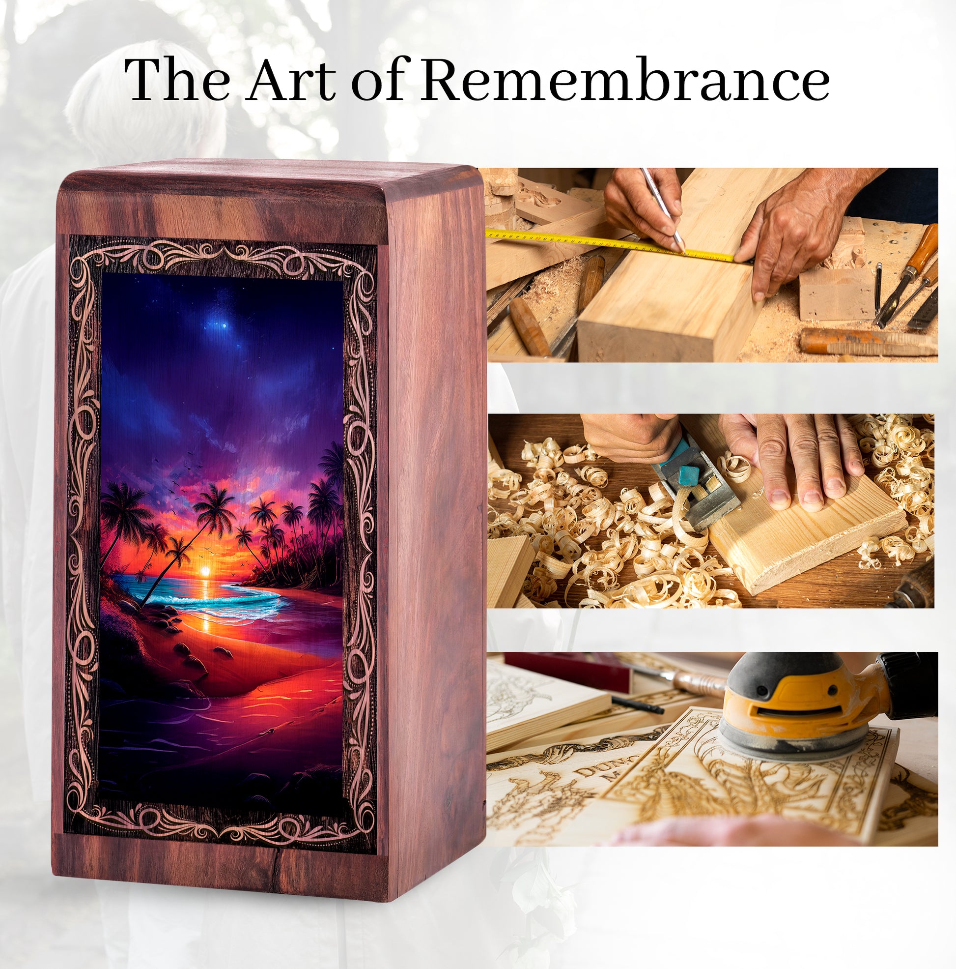 Beachside Wooden Keepshake For Ashes - Tropical Sunset Theme Urn For Adult Female