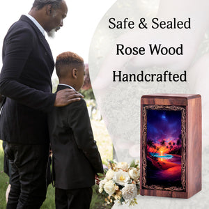 Beachside Wooden Keepshake For Ashes - Tropical Sunset Theme Urn For Adult Female
