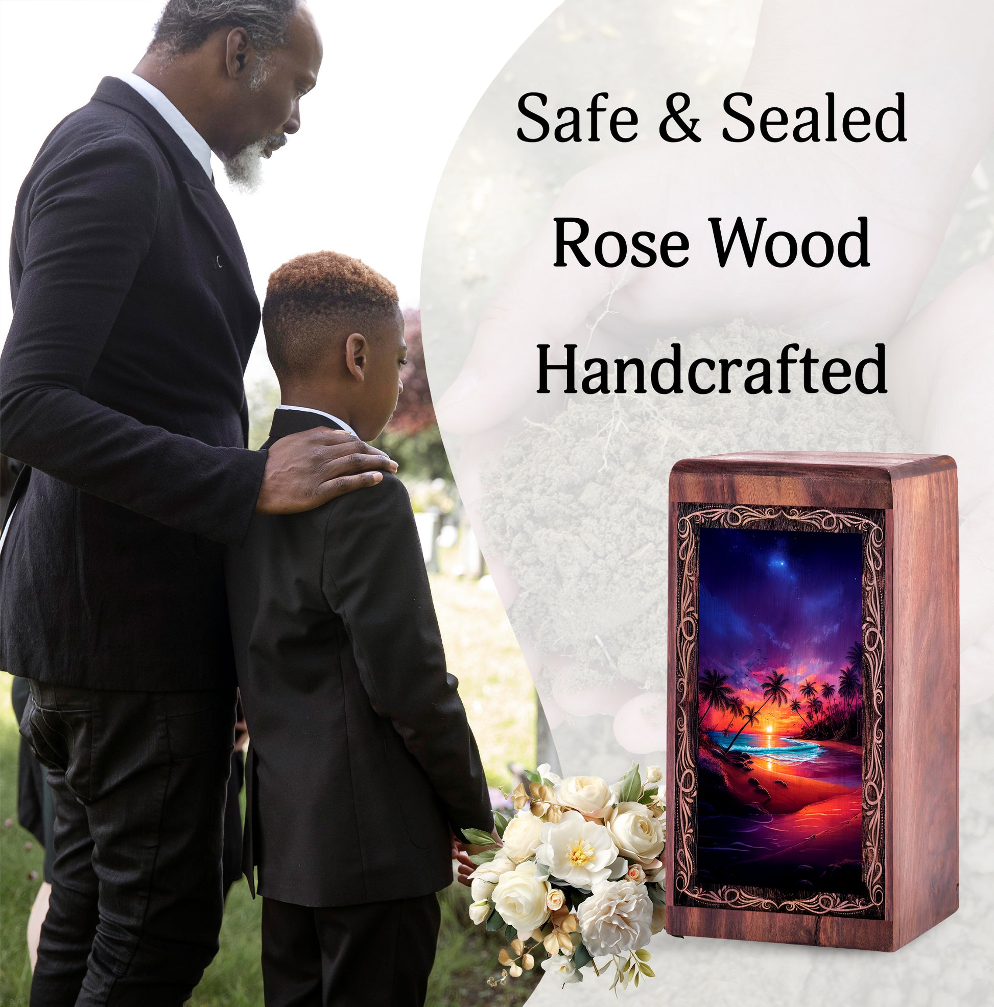 Beachside Wooden Keepshake For Ashes - Tropical Sunset Theme Urn For Adult Female