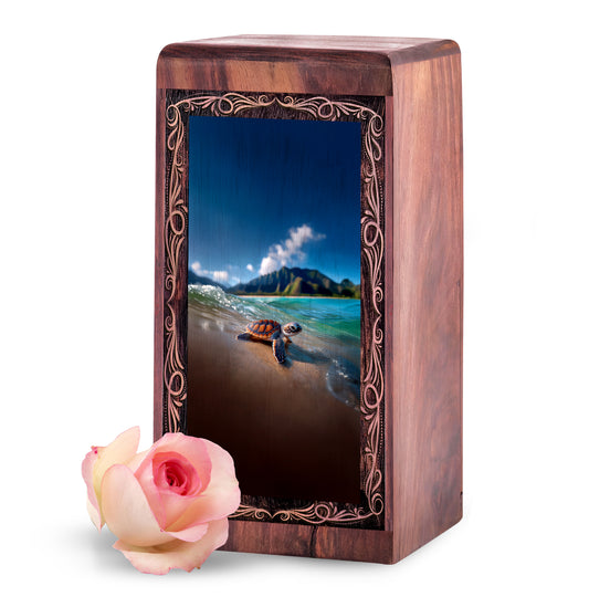 Beach Turtle Rosewood Handmade Urn – Ocean Mountain Theme Memorial Urn For Dad