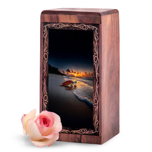 Ocean Wooden Funeral Box For Ashes - Turtle Sunset Theme Funeral Box For Adult Male