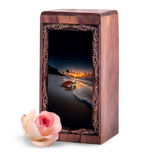 Ocean Wooden Funeral Box For Ashes - Turtle Sunset Theme Funeral Box For Adult Male