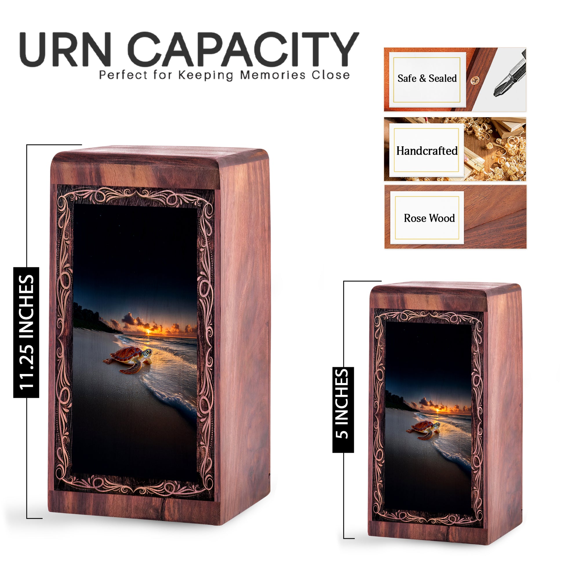 Ocean Wooden Funeral Box For Ashes - Turtle Sunset Theme Funeral Box For Adult Male