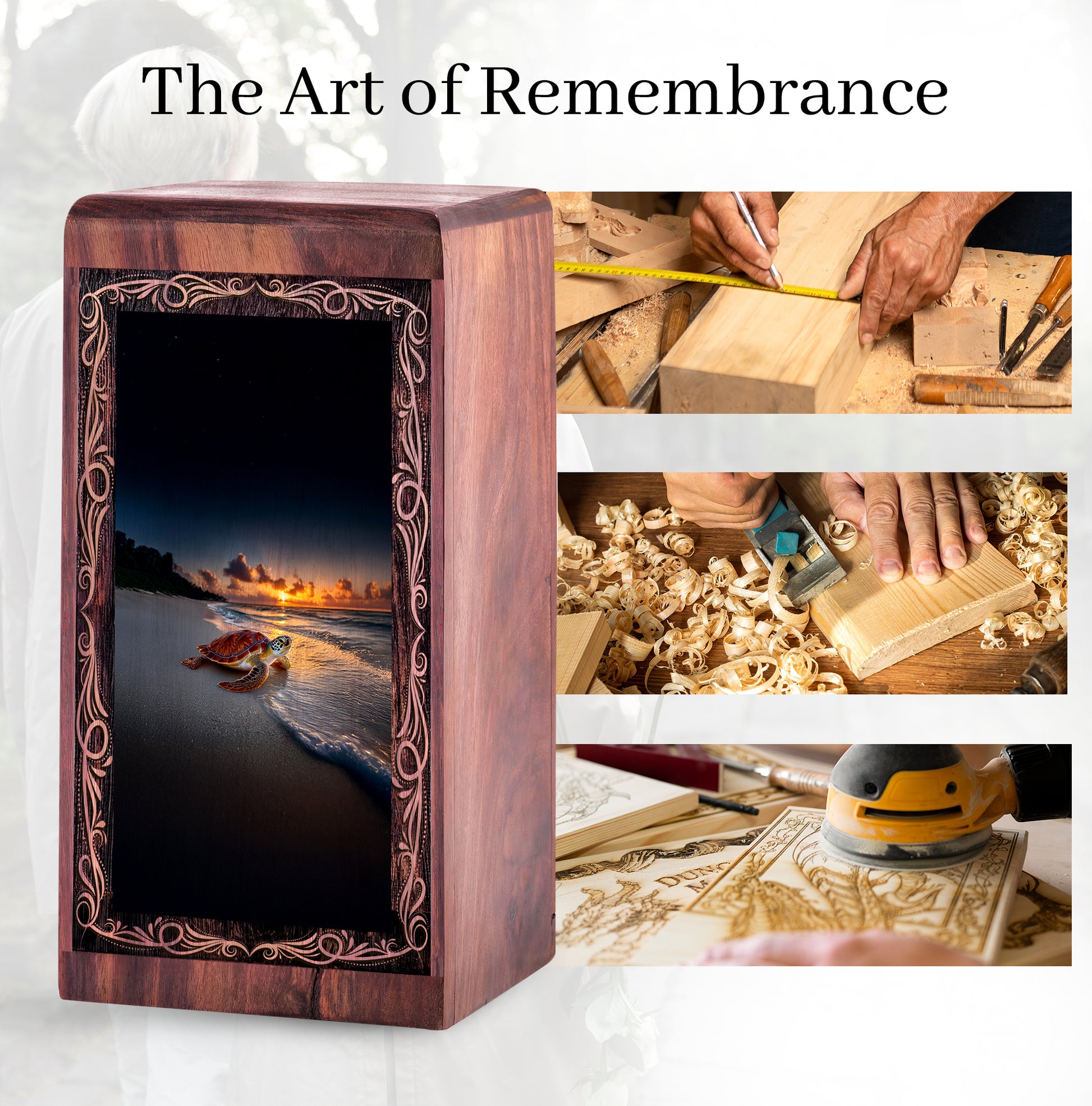 Ocean Wooden Funeral Box For Ashes - Turtle Sunset Theme Funeral Box For Adult Male