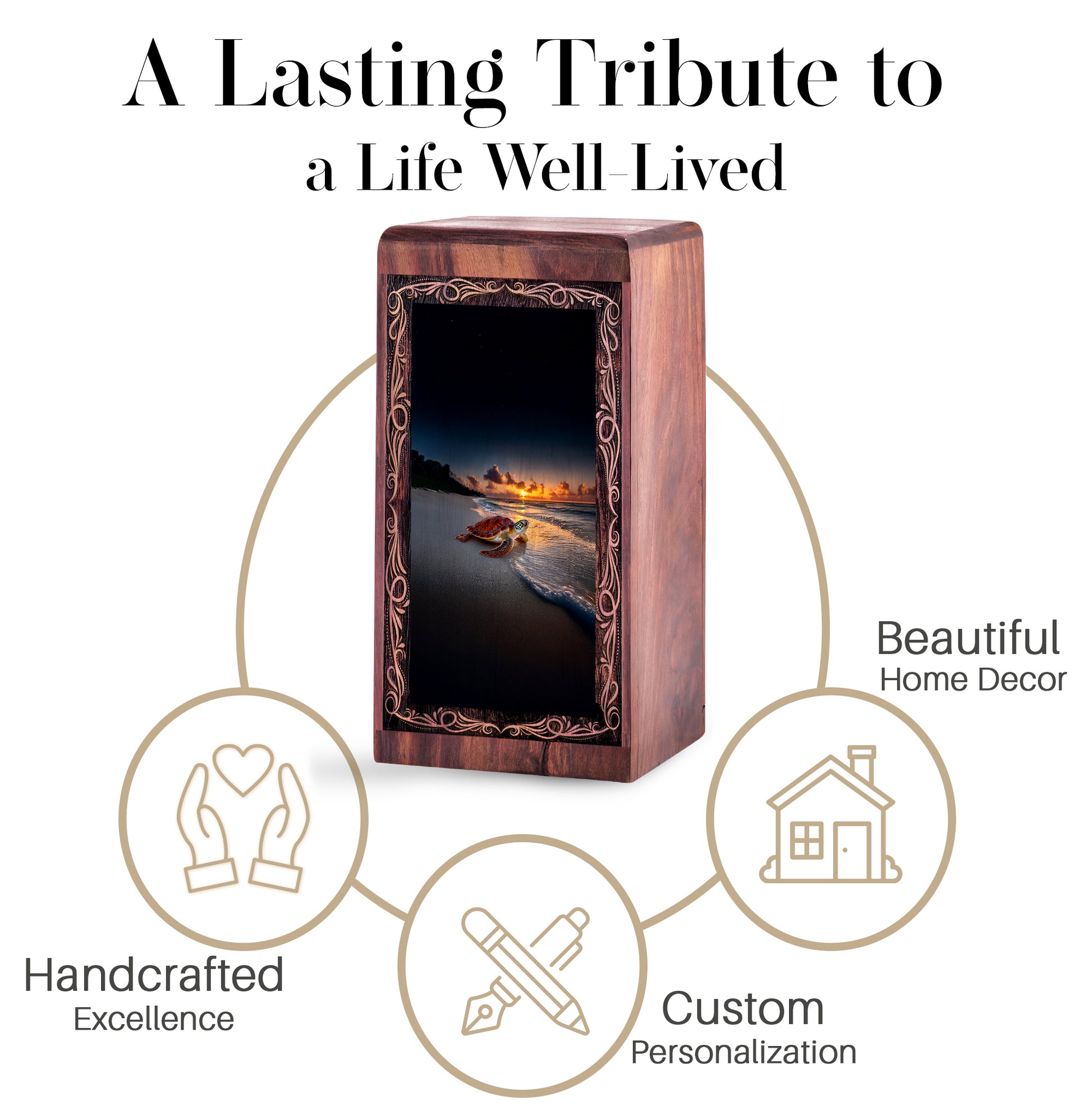 Ocean Wooden Funeral Box For Ashes - Turtle Sunset Theme Funeral Box For Adult Male