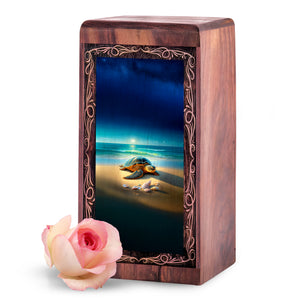 Ocean Handmade Wood Urn Box - Tranquil Coastal Turtle Memorial Urn For Woman