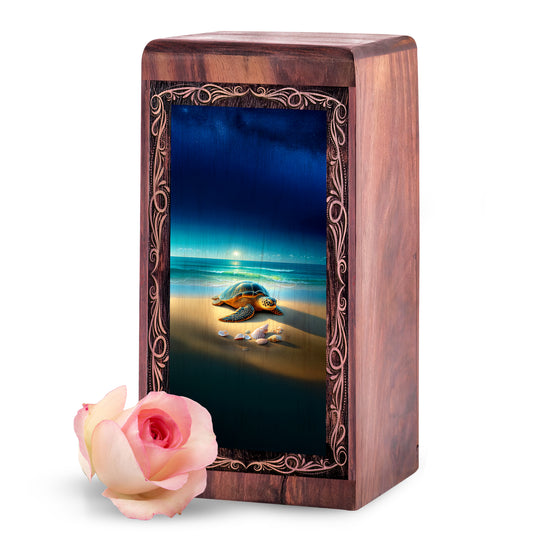 Ocean Handmade Wood Urn Box - Tranquil Coastal Turtle Memorial Urn For Woman