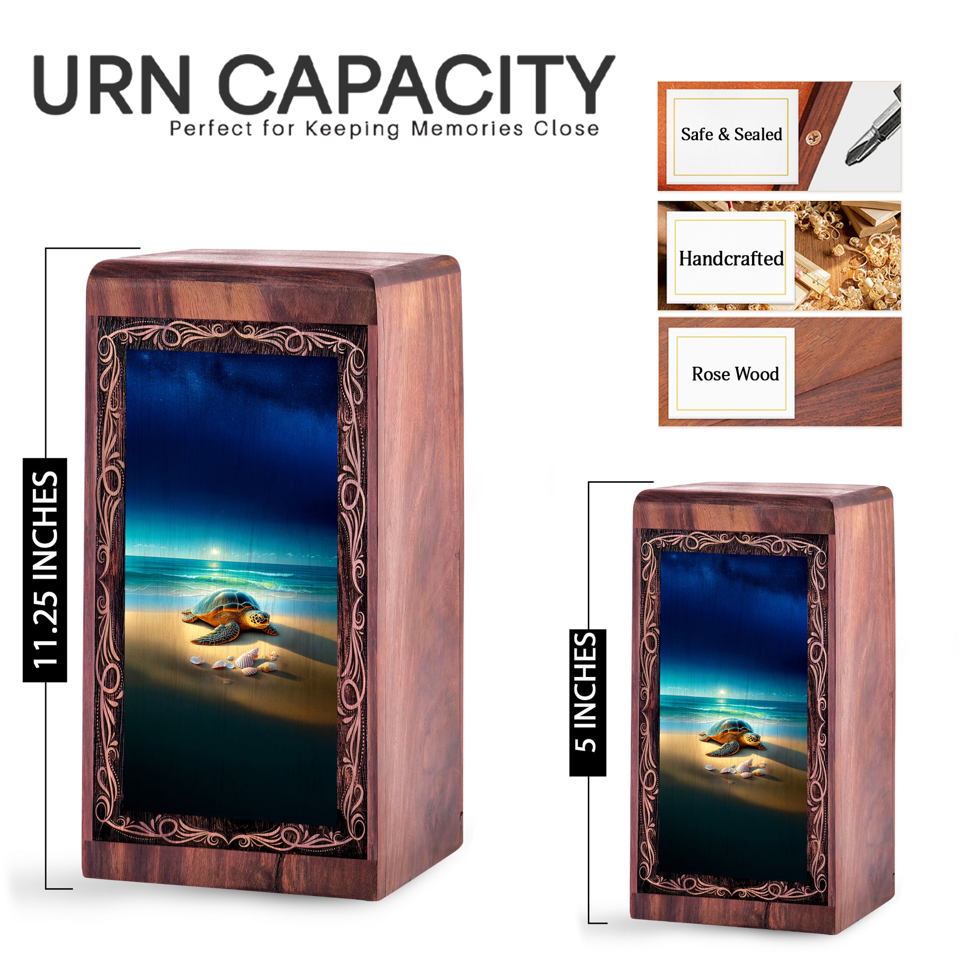 Ocean Handmade Wood Urn Box - Tranquil Coastal Turtle Memorial Urn For Woman
