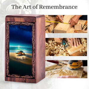 Ocean Handmade Wood Urn Box - Tranquil Coastal Turtle Memorial Urn For Woman