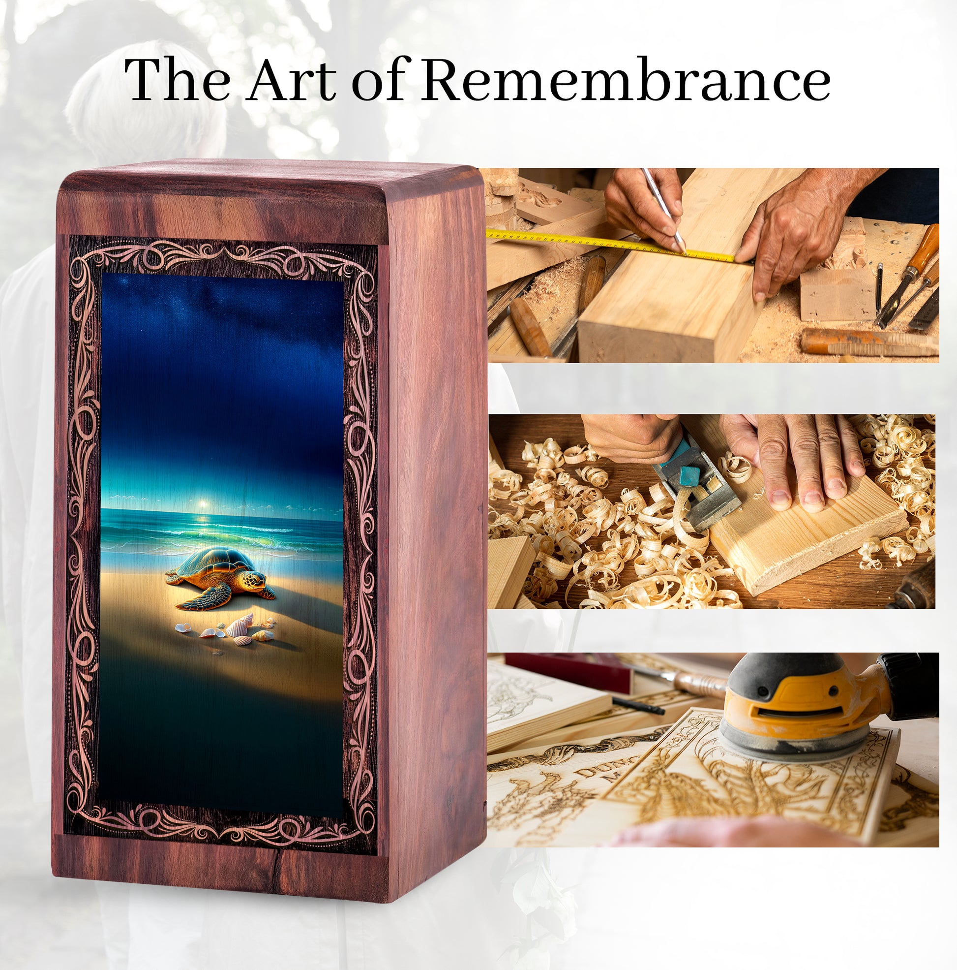 Ocean Handmade Wood Urn Box - Tranquil Coastal Turtle Memorial Urn For Woman