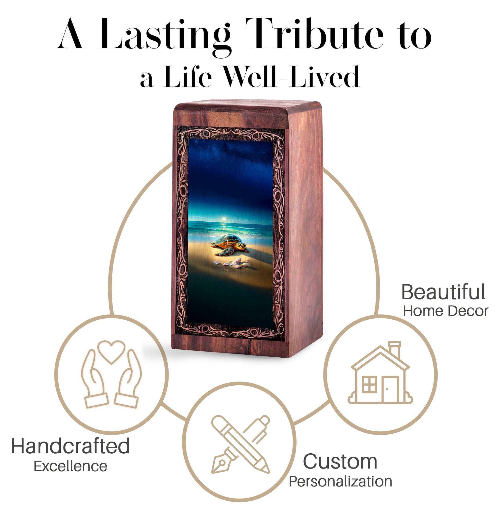 Ocean Handmade Wood Urn Box - Tranquil Coastal Turtle Memorial Urn For Woman
