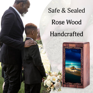 Ocean Handmade Wood Urn Box - Tranquil Coastal Turtle Memorial Urn For Woman