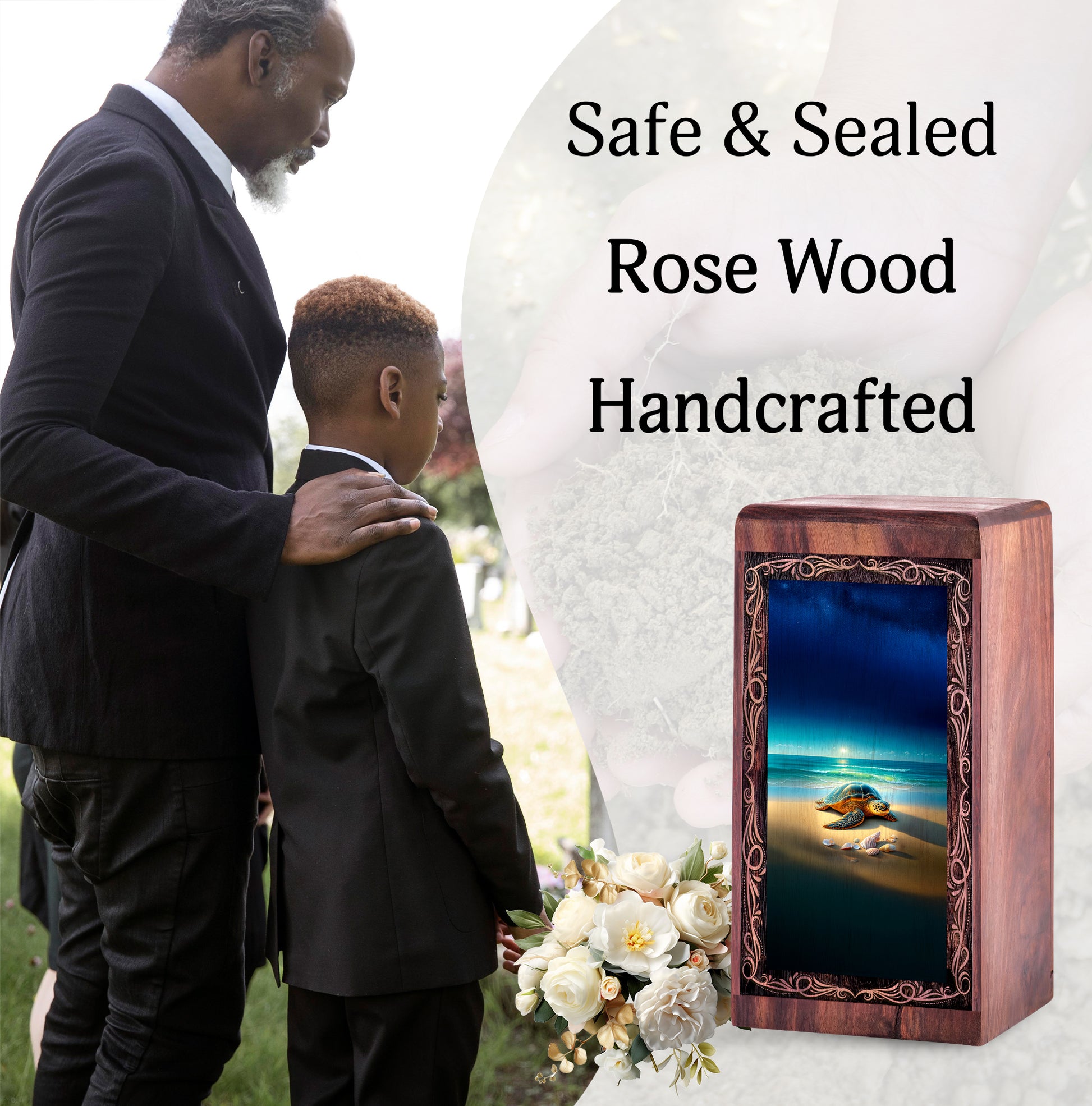 Ocean Handmade Wood Urn Box - Tranquil Coastal Turtle Memorial Urn For Woman