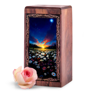 Flower Rosewood Cremation Urn Box - Floral Sunset Theme Urn For Human Adult Man