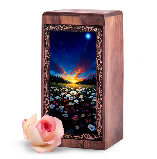 Flower Rosewood Cremation Urn Box - Floral Sunset Theme Urn For Human Adult Man