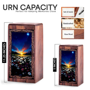 Flower Rosewood Cremation Urn Box - Floral Sunset Theme Urn For Human Adult Man