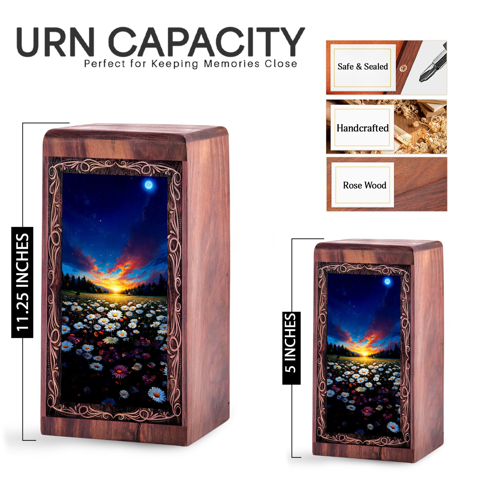 Flower Rosewood Cremation Urn Box - Floral Sunset Theme Urn For Human Adult Man