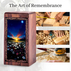 Flower Rosewood Cremation Urn Box - Floral Sunset Theme Urn For Human Adult Man